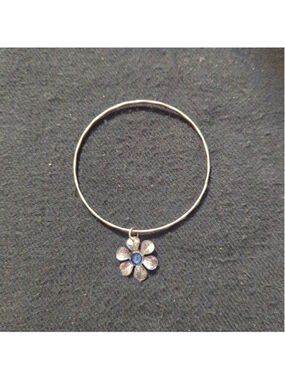 Silver Tone Blue Rhinestone Flower Charm Bangle Statement Bracelet